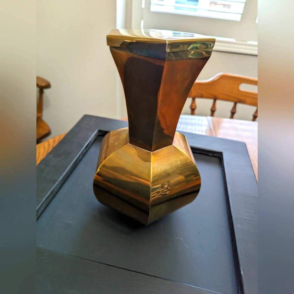 Brass Urn or Vase. Lid. Hexagon shape. 10 inches high. Light weight.